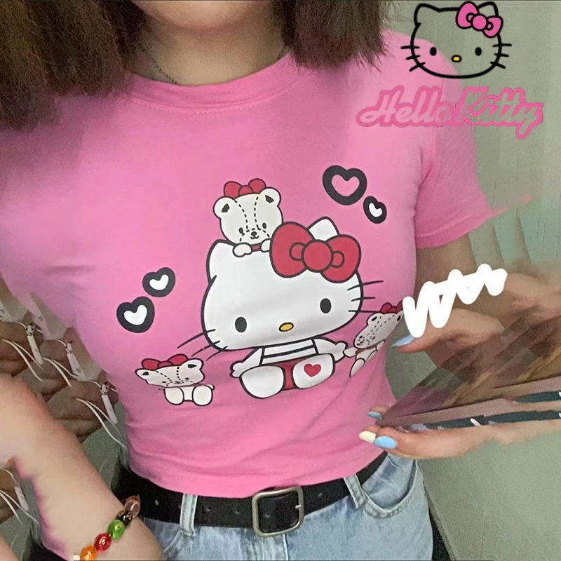 Camiseta de Hello Kitty Y2K Kawaii Sanrio para niña, con estampado 100% de algodón para mujer, camisetas cortas para mujer, camisetas sin mangas ajustadas para estudiante, regalo para mujer - AliExpress