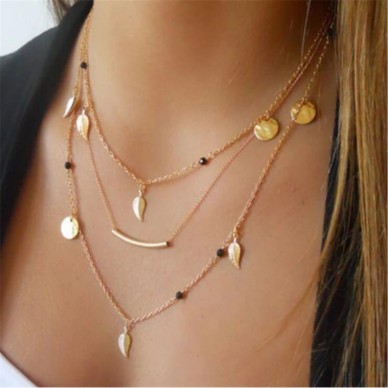 

Женская подвеска, многоярусное ожерелье Leaf Pendant Geometric Multilayer Necklace for Women Fashion Jewelry Choker Collar