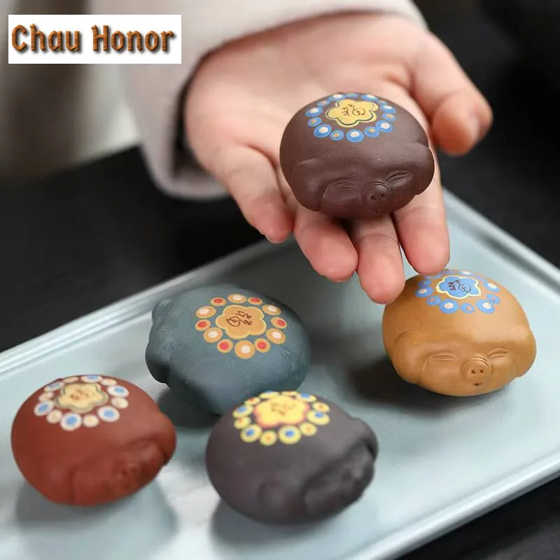 Handmade Small Pig Head Purple Sand Tea Pet Antique Tea Figurine Tea Ceremony Tea Zisha Statue Tea Services Equipment Decoration