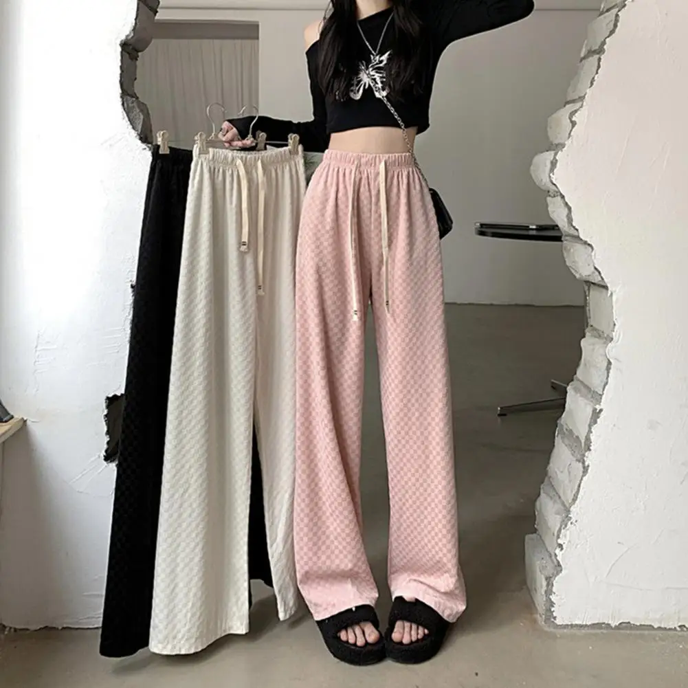 

High Waist Elastic Waistband Women Pants Drawstring Ice Silk Full Length Checkerboard Print Straight Wide Leg Pants Streetwear