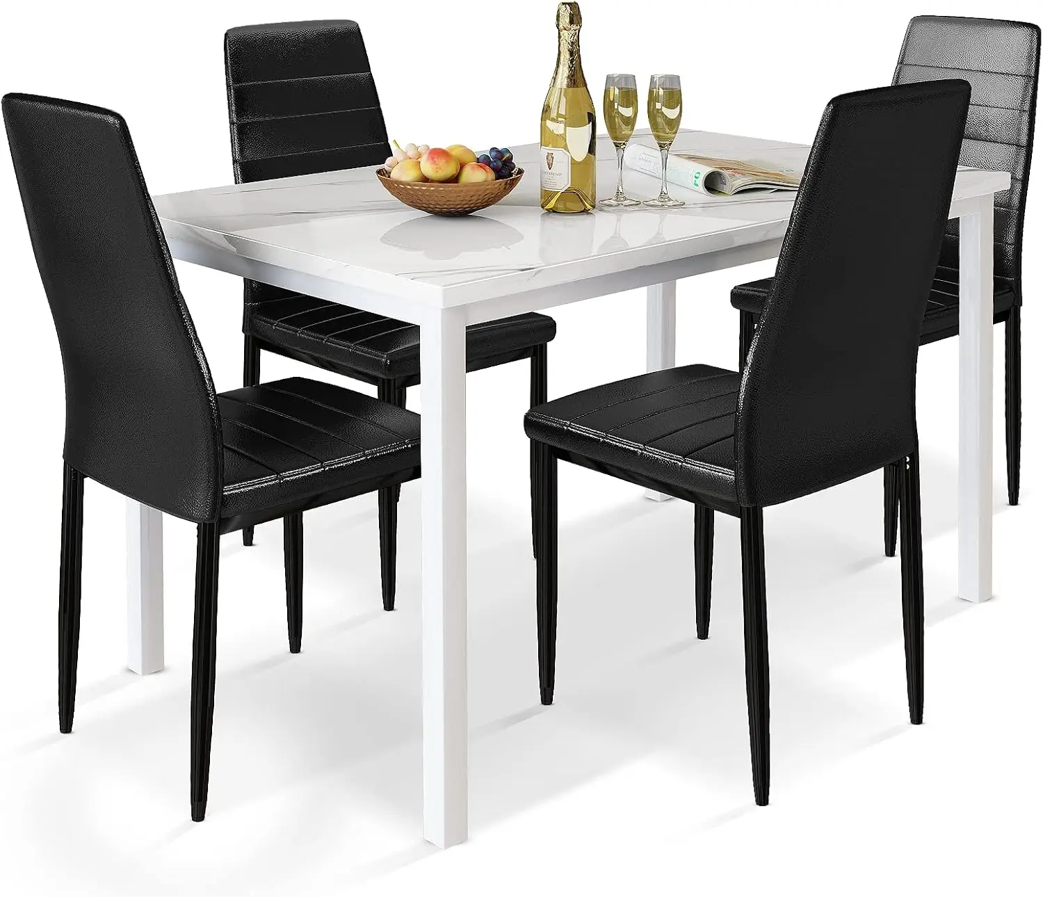 5 Pieces Dining Table Set for 4 with Faux Marble Top and Leather Upholstered Chairs White + Black USA