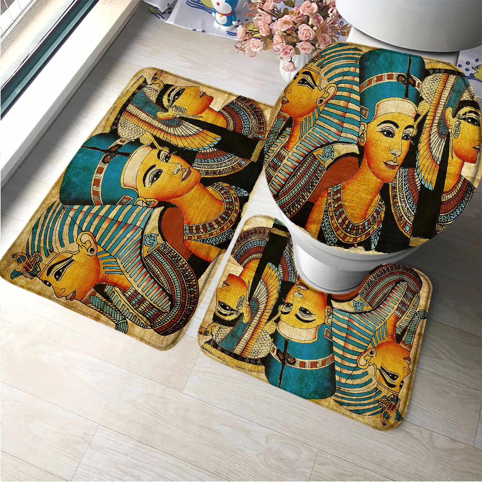 EgyptianPharaohBathMat3pcsSetBathroomRugsAntiSlipAbsorbentShowerCarpetToiletLid