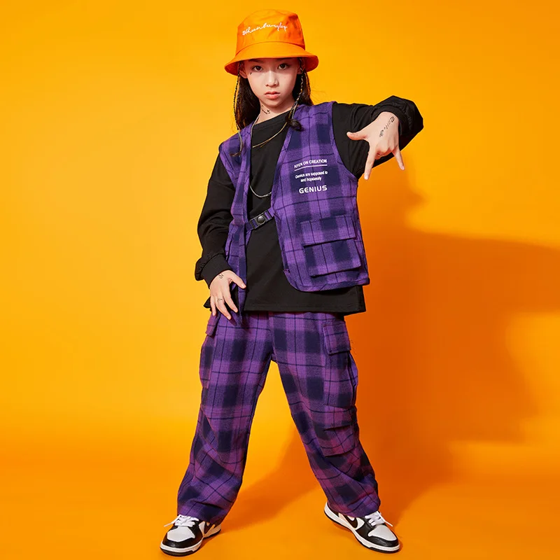 

Girls Hip Hop Boys Plaid Vest Cargo Pant Street Dance 2 Pcs Set Cool Kids Jazz Loose Outfit Teenage Streetwear Costume Clothes