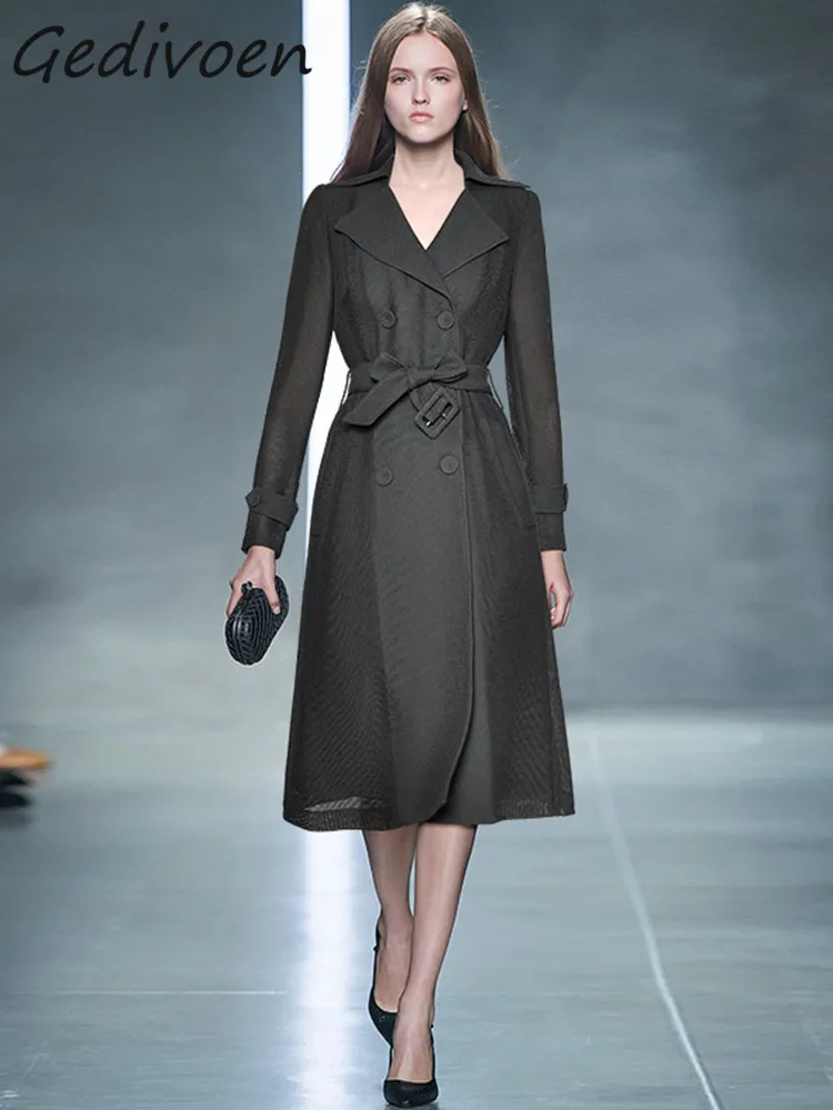 

Gedivoen весеннее модное дизайнерское темно-серое винтажное пальто женское пальто с отворотом на пуговицах узкое длинное пальто с присборенной талией