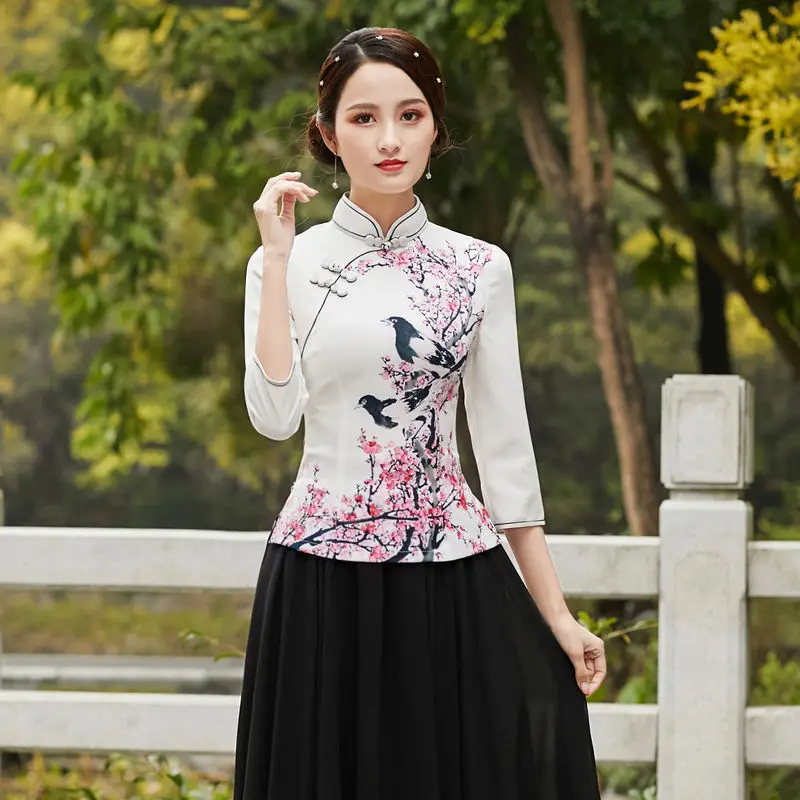 Cheongsam Women's Plus Size Stand Collar Tops Spring Cotton Blend Prints Tradition Chinese Style Hanfu Qipao Shirts Woman