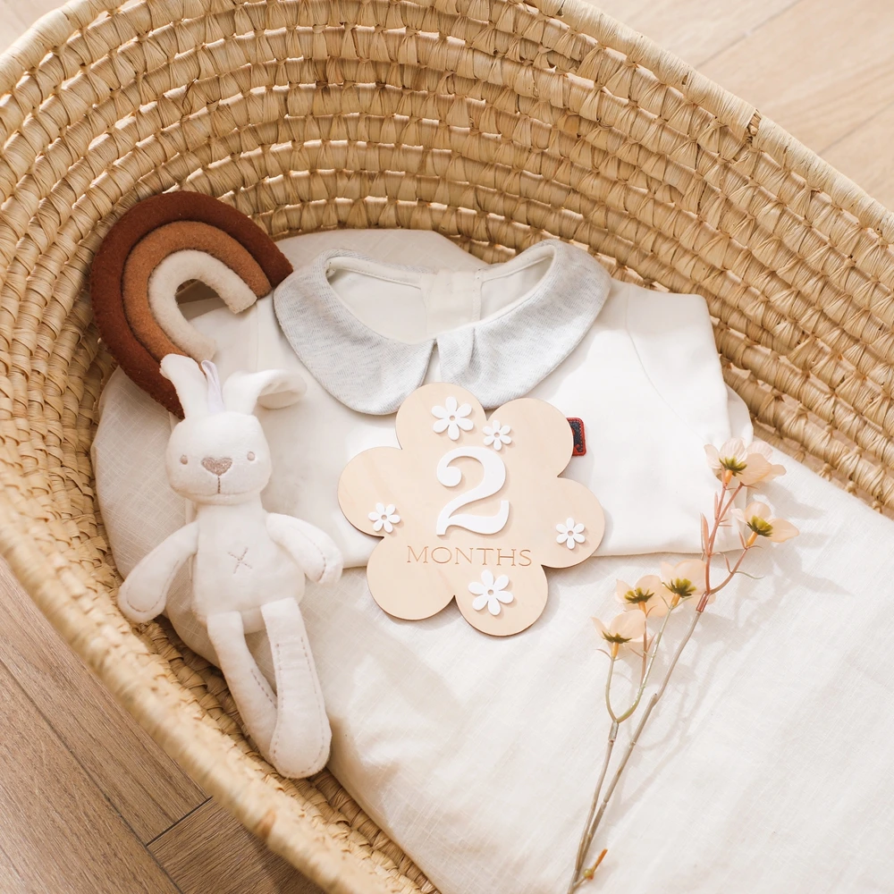 1Set Holz Baby Monat Milestone Karte Blume Form Rekord Karte Neugeborenen Geburtstag Geschenk Souvenir Baby Foto Fotografie Zubehör – Detail 2