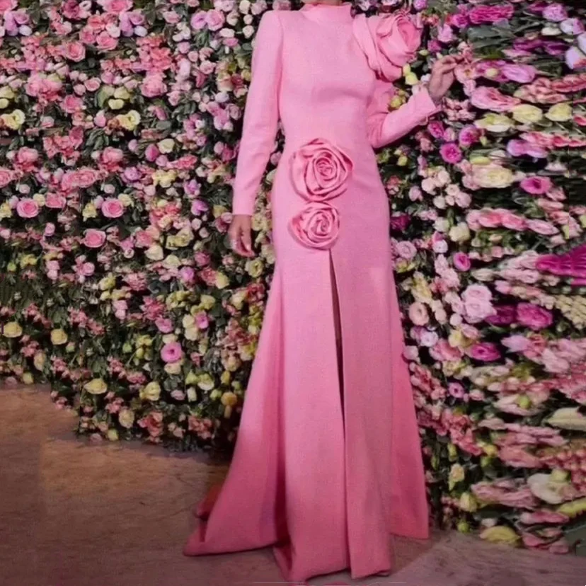 

Pink Simple High Neck Evening Dresses Front Split Long Sleeves Elegant Arabic Formal Party Gowns With Handmade Flowers