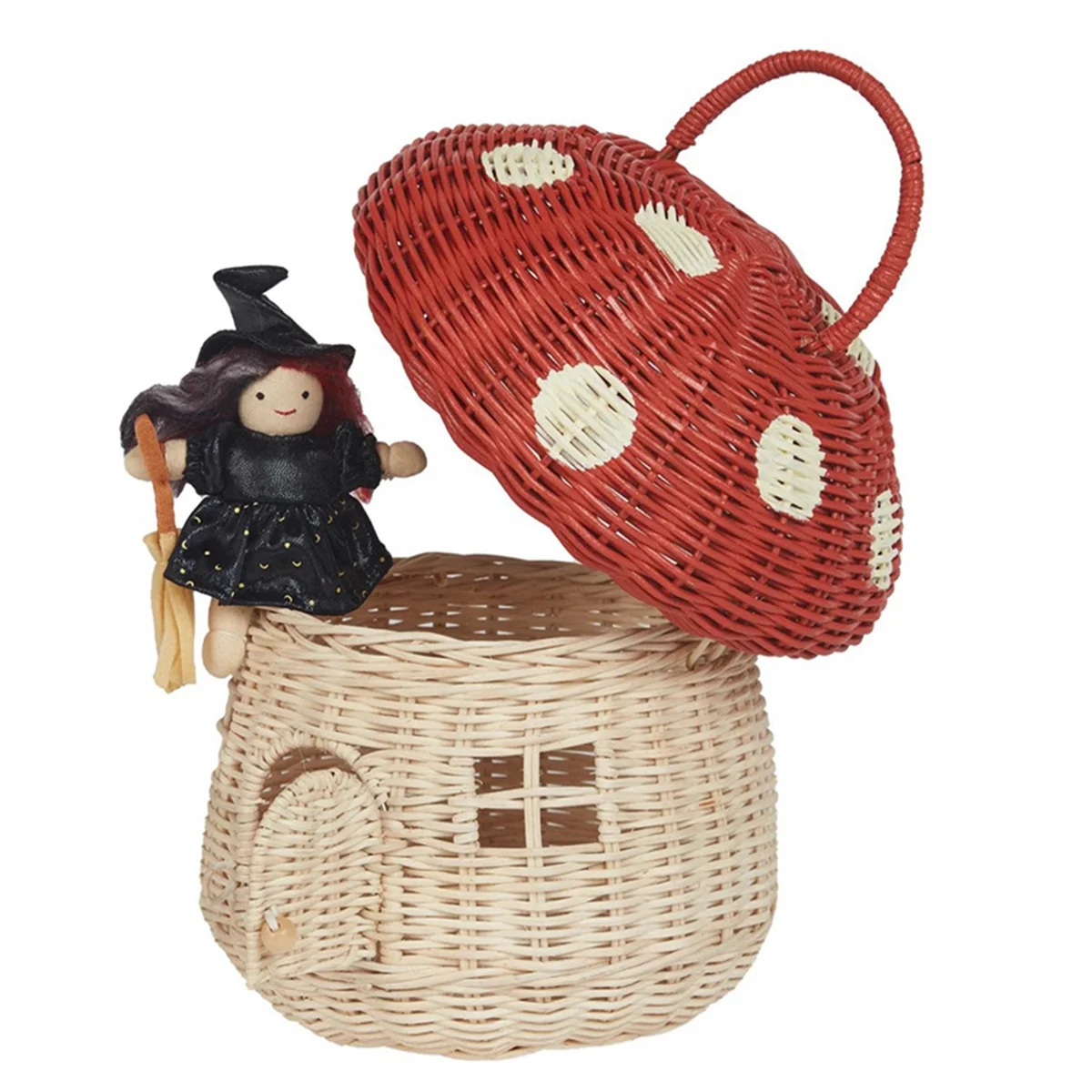 Handmade Rattan Mushroom-Shaped Storage Basket- Cute Handmade Handcrafted Gift Decoration Artwork Rattan, Red 2