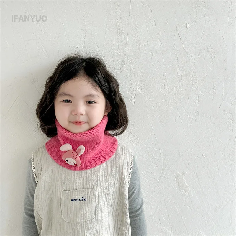 3-8Y Children's Scarf Neck Cover Windproof Mask Autumn and Winter Solid Color Cartoon Baby Knitted Bibs Scarves Boys and Girls