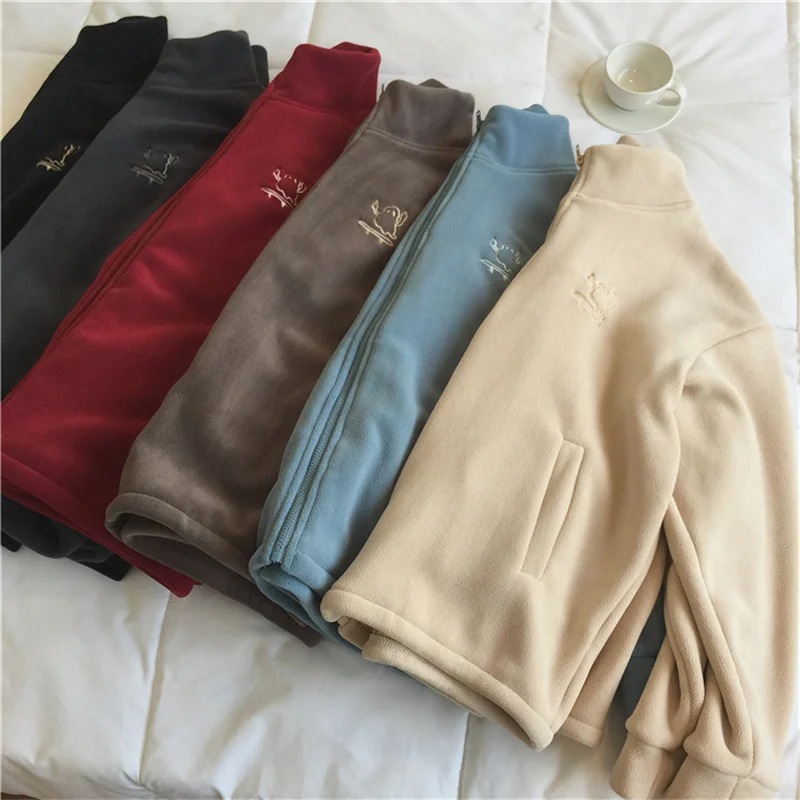 Y2K Clothes Women Embroidery Fleece Jacket Korean Fashion Stand Collar Zipper Plush Sweatshirt Thick Warm Sweater Outwear Hoodie
