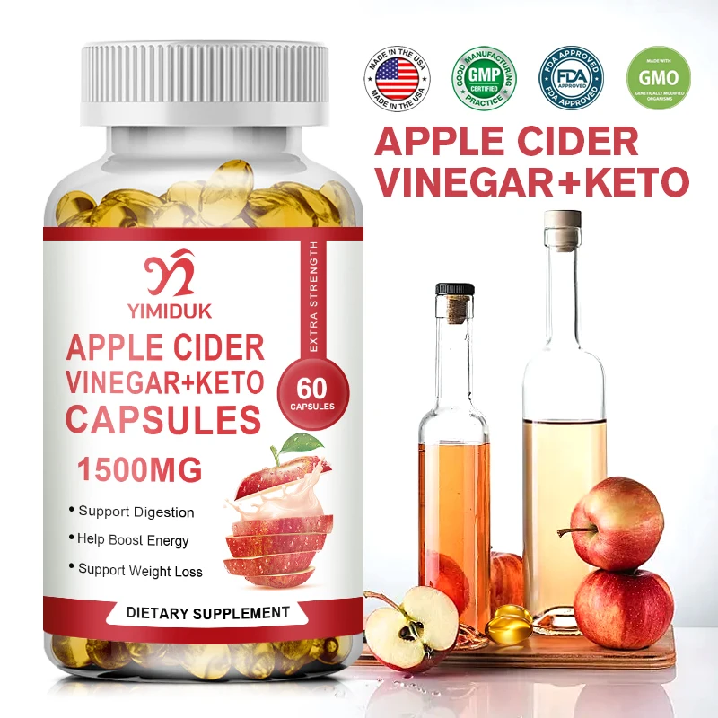 

60/120PCS Apple Cider Vinegar Capsules – Digestion, Detoxification, Fat Burning Supplement – Keto Friendly