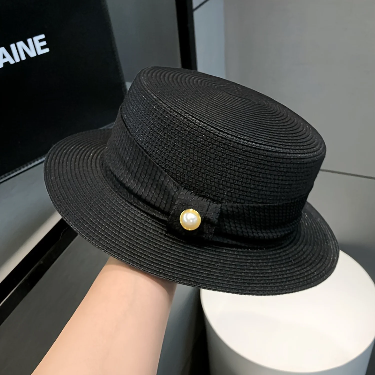 Summer Sun Hat, Casual Anti-UV Flat Top Hat With Faux Pearl Detail, Elegant Stylish Versatile Straw Hat For Ladies, Commuter Sty