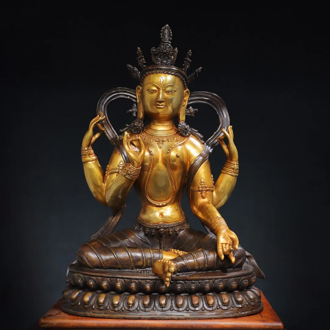

20"Tibet Temple Collection Old Bronze Cinnabar Gilded Four Arm Guanyin Double Lotus Terrace Sitting Buddha Worship Hall