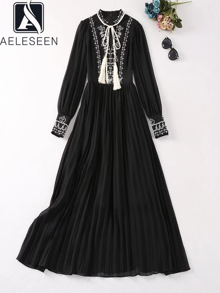 

AELESEEN Vintage Black Pleasted Dress Women Sping Autumn Tassel Lace Up Flower Embroudery Long Chiffon Retro Elegant Party