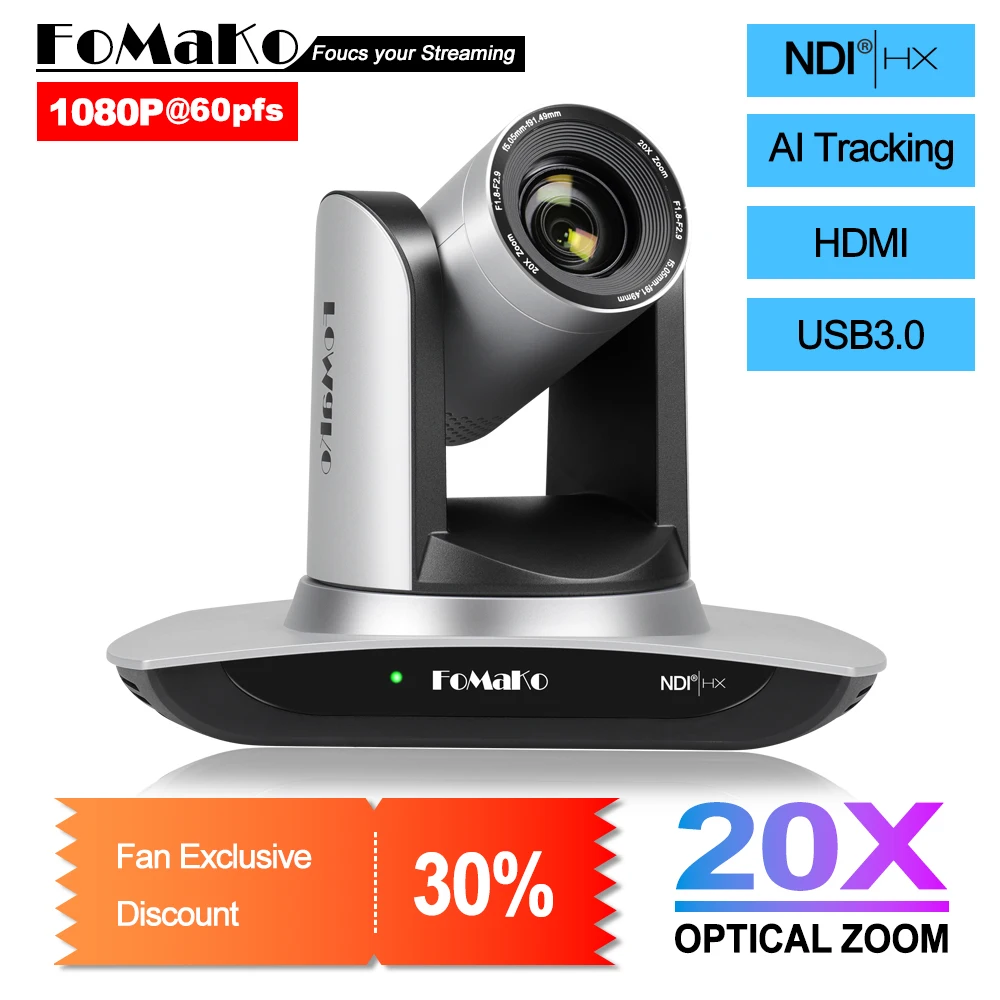 FoMaKo NDI 카메라, 교회 예배 교육용, AI 자동 추적 HDMI PTZ 카메라, 20 배 광학 줌, IP USB3.0 HDMI PTZ 카메라
