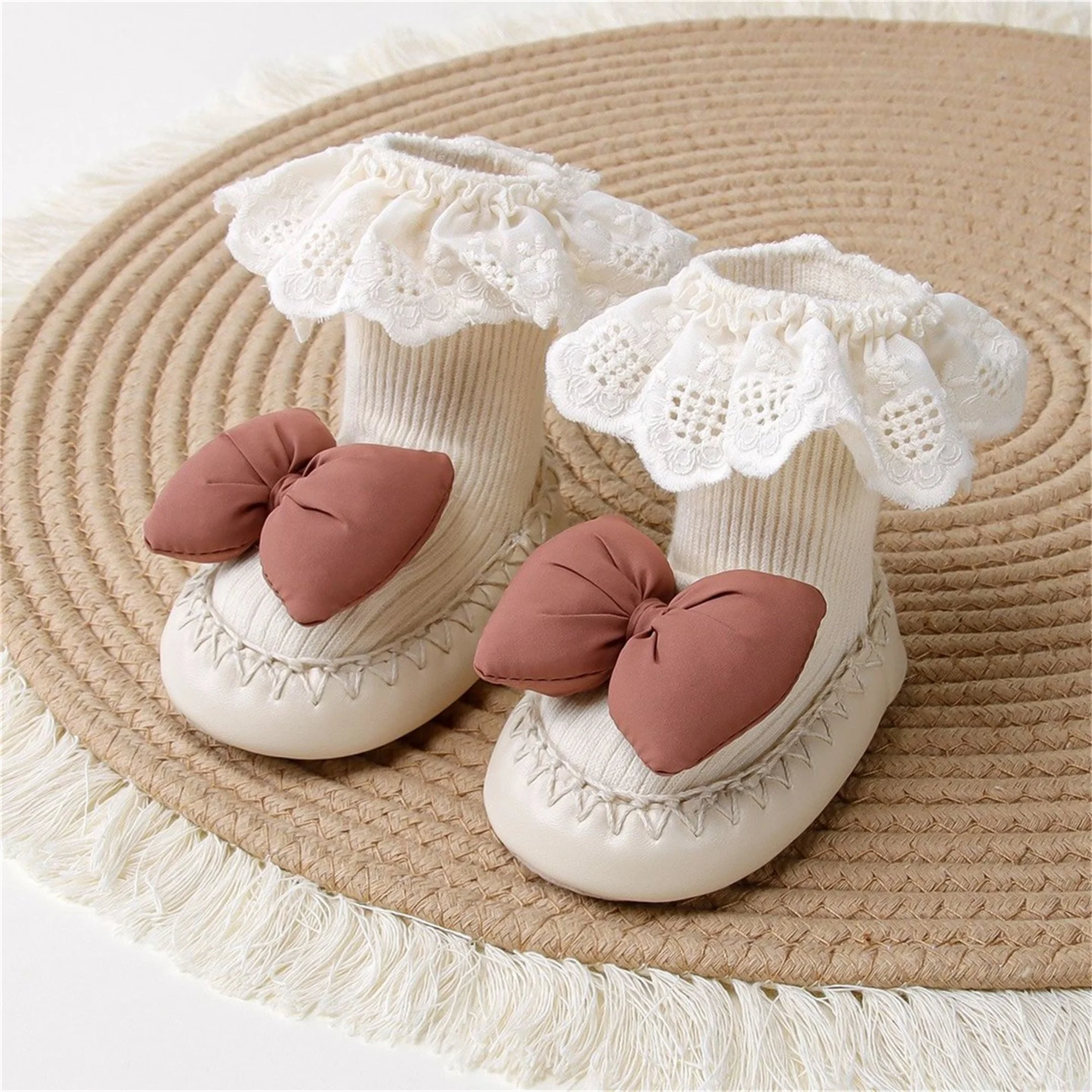 Adorable Unisex Knit Booties with Bow Detail and Soft Sole for Infants Cozy First Walker Socks for Indoor Use