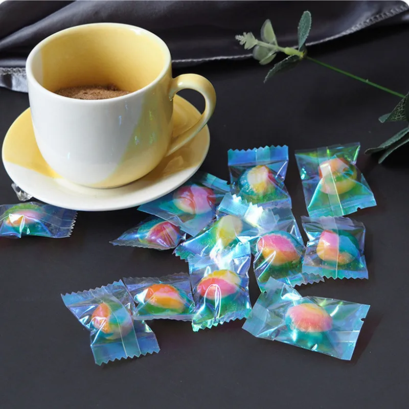 100Pcs 레인보우 투명 레이저 플랫 포켓 캔디 비스킷 베이킹 기계 봉인 된 가방 파티 선물 포장