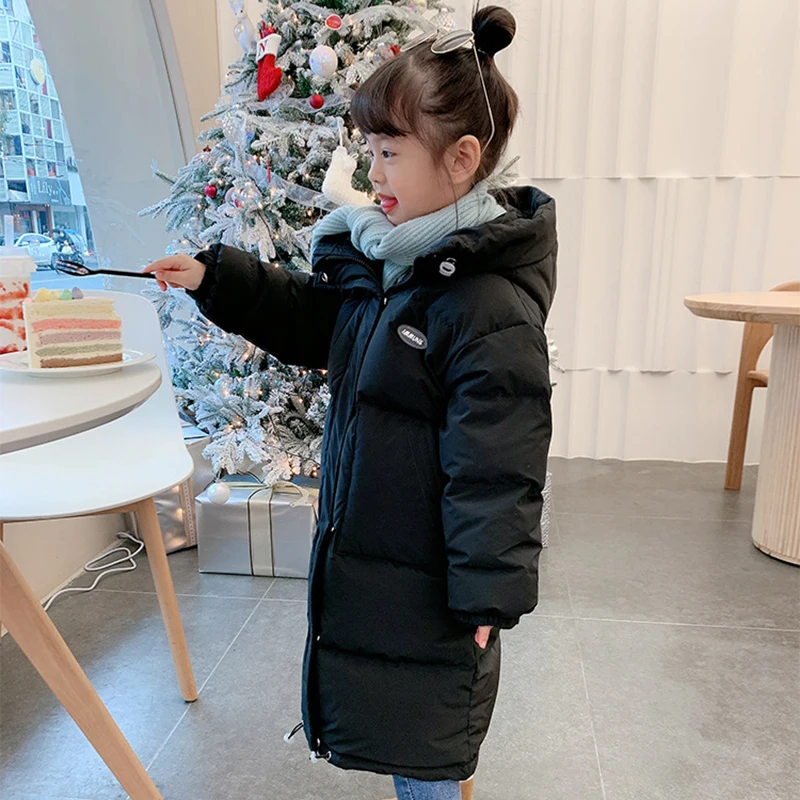 3-12 년 겨울 소녀 다운 재킷 긴 스타일 솔리드 컬러 패션 파카 코트 후드 지퍼 겉옷 생일 선물 아동복