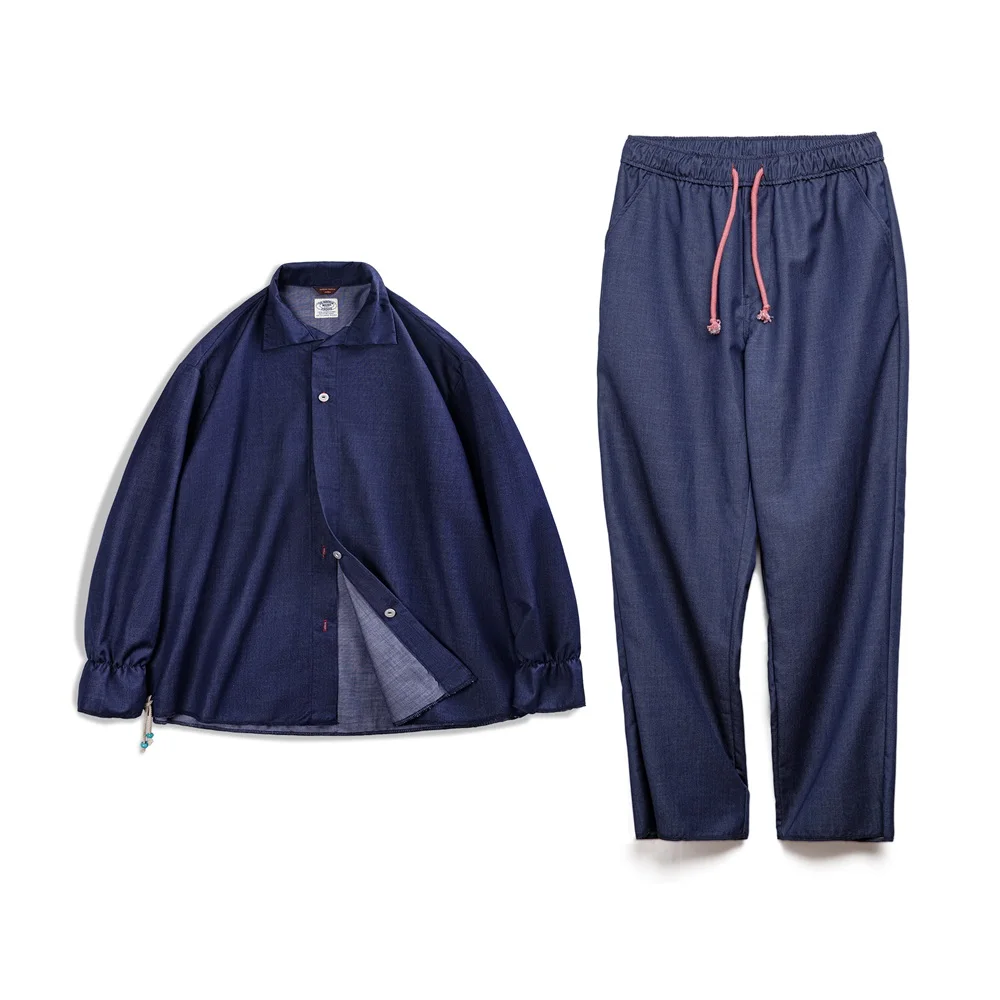 Shirt Set Maden Spring Vintage Blue Sets for Men Long Sleeve Shirts Loose Casual Straight Pants Mens Clothes Set Two Piece Plus Size Shirt