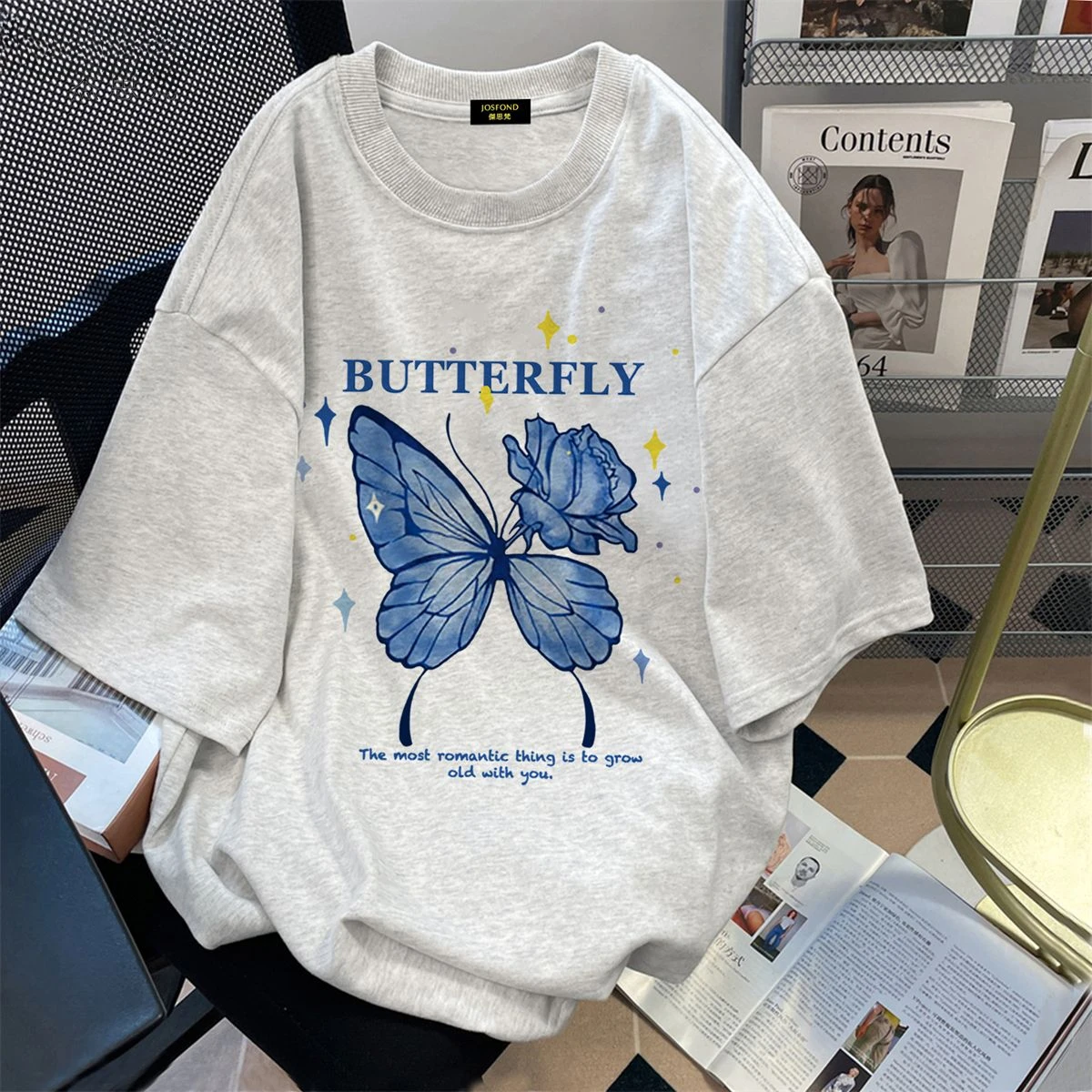 

Korean style blue flower butterfly pure cotton short-sleeved T-shirt for women printed 2024 new summer creative versatile top