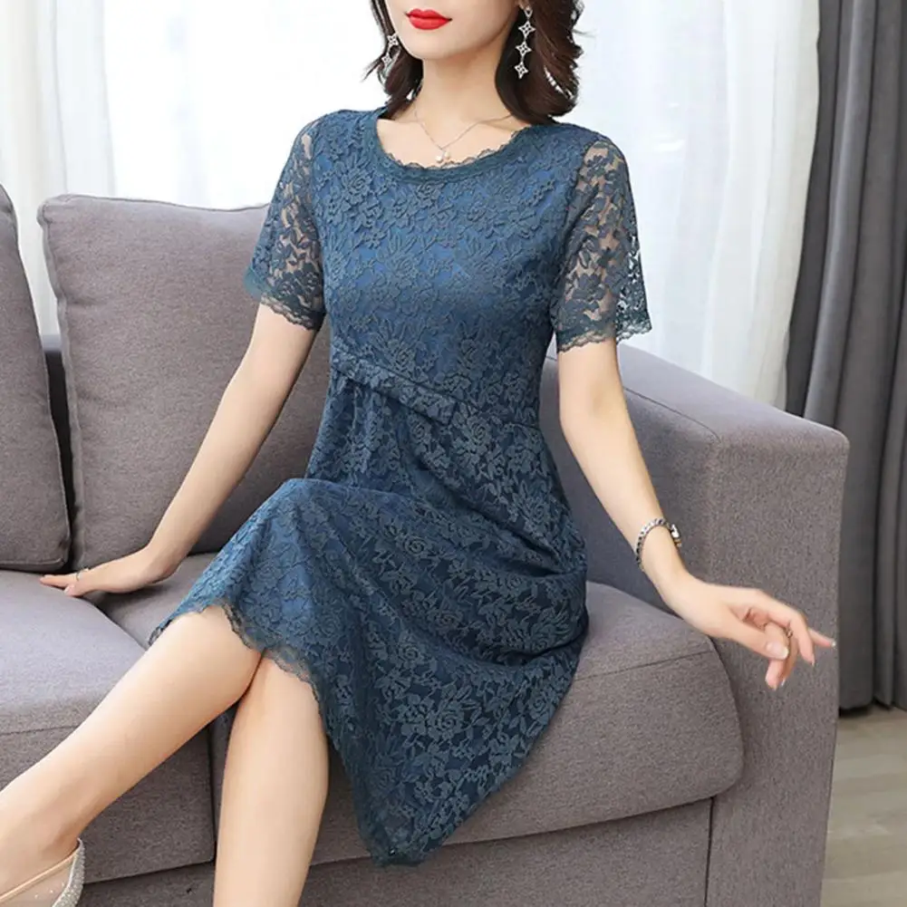 

Women Dress Hollow Out Lace Round Neck Solid Color Flower Embroidery A-line Loose Hem Double Layers Knee Length Short Sleeve Lad