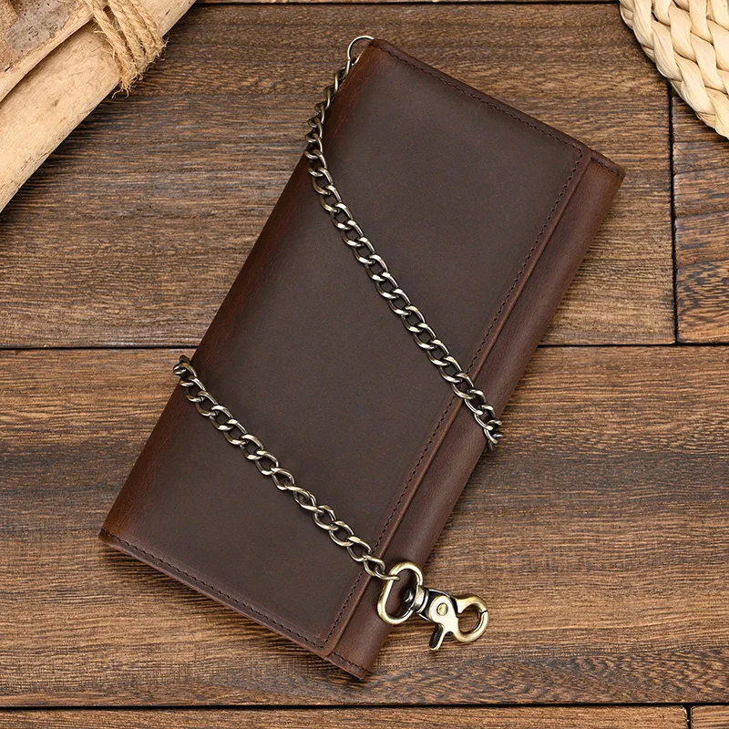 Men's Vintage Crazy Horse Leather Chain Wallet Genuine Leather