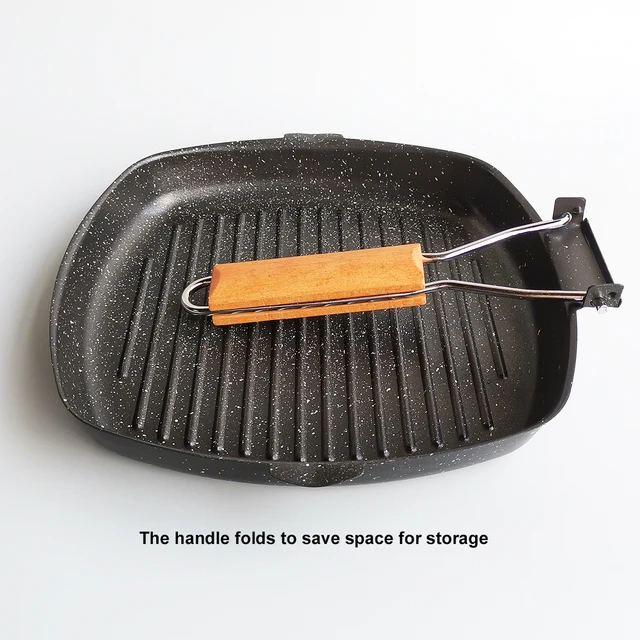 Padella portatile pieghevole Padella per picnic Padella antiscottatura Manico in legno Padella per griglia esterna Padella per bistecche a doppia bocca 5