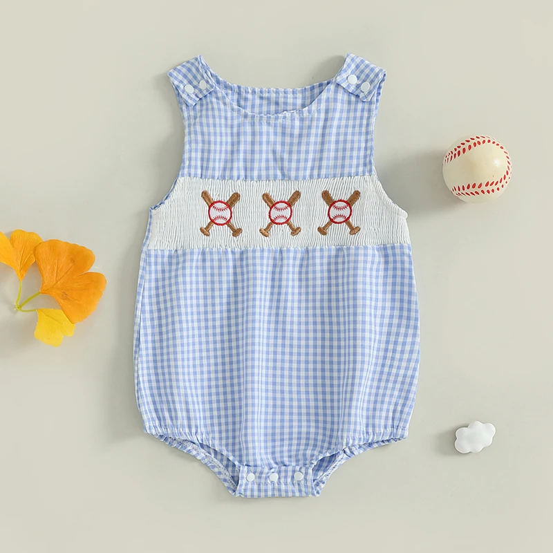 Summer Baby Clothes Newborn Boy Girl Smocked Bubble Romper Baseball Plaid Overall Infant Jumpsuit Outfit 2