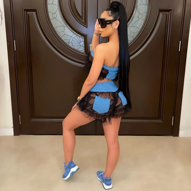 Faux Denim Short Sexy Mesh Shorts Festival Clothing Women Clubwear Outfits Ruffle Shorts Set Women Matching Sets 2024 Streetwear