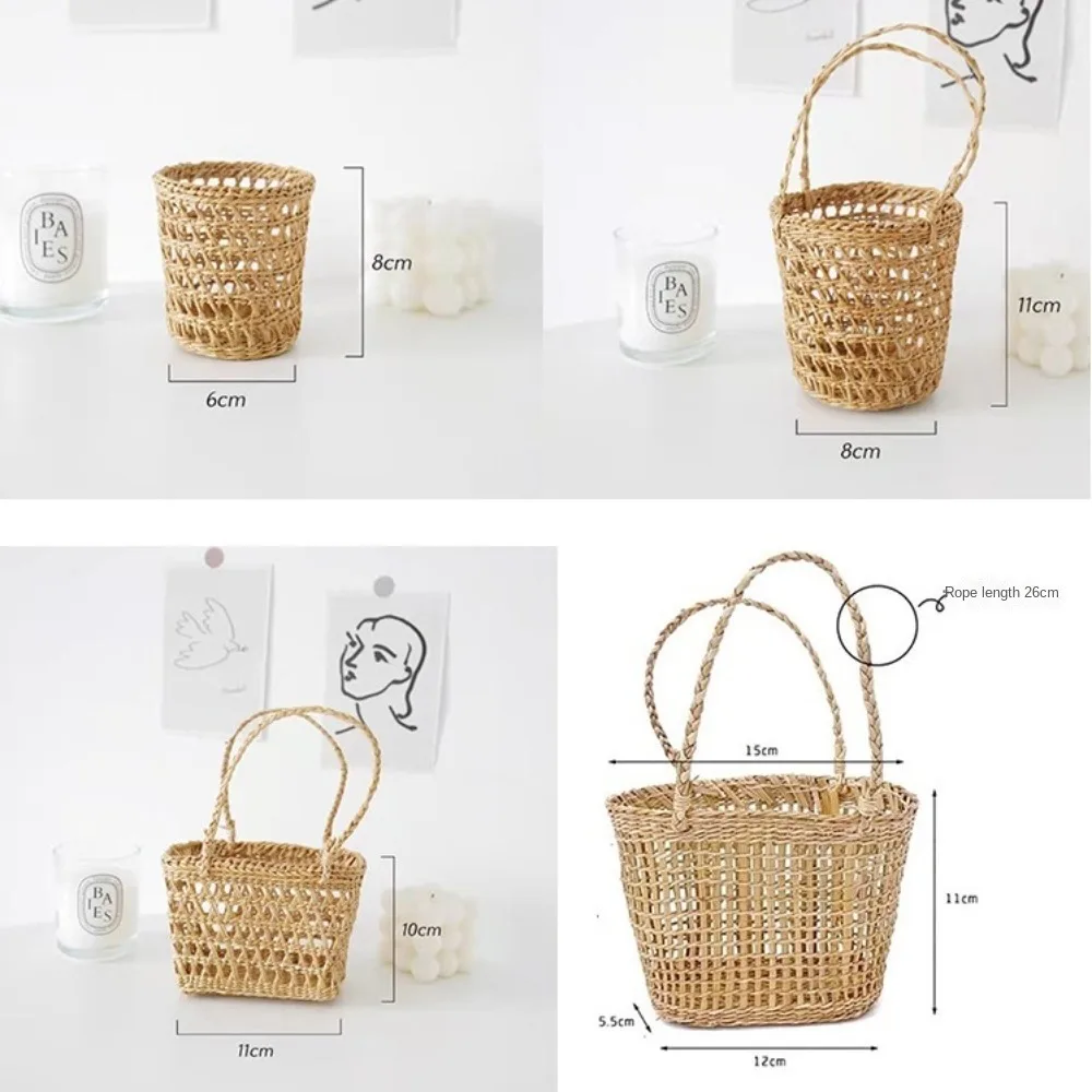 New Handmade Straw Woven Basket with Handle Picnic Props Small Flower Basket Ornaments Storage Basket