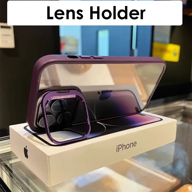 Lens Metal Ring Protector Stand Case with Camera Glass Protection and Transparent Back Cover