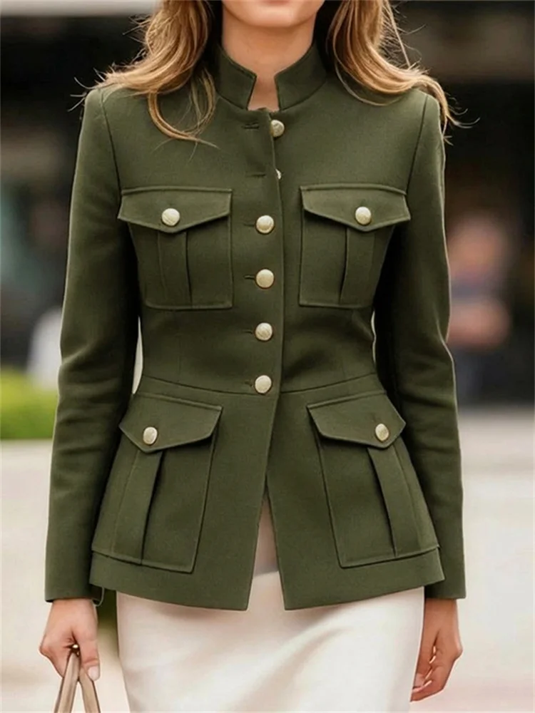 UOOZEE Women's Military Style Jackets Army Green Stand Collar Gold Button Slim Fit Multi-Pocket Casual Office Blazer Outerwears 9 S657a076c2efa4b5daab45030a94bbbb5c