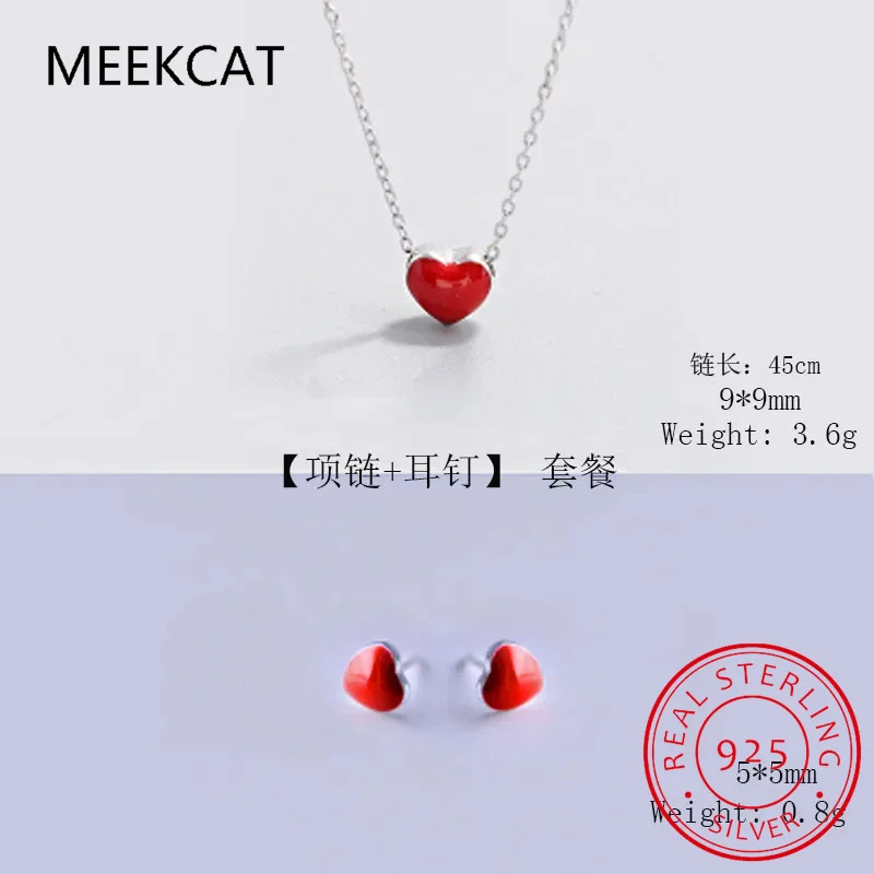 925 Sterling Silver Fine Jewelry Set Romantic Red Enamel Heart Necklace+Earring Two piece set joyas de plata For Women Girl Gift