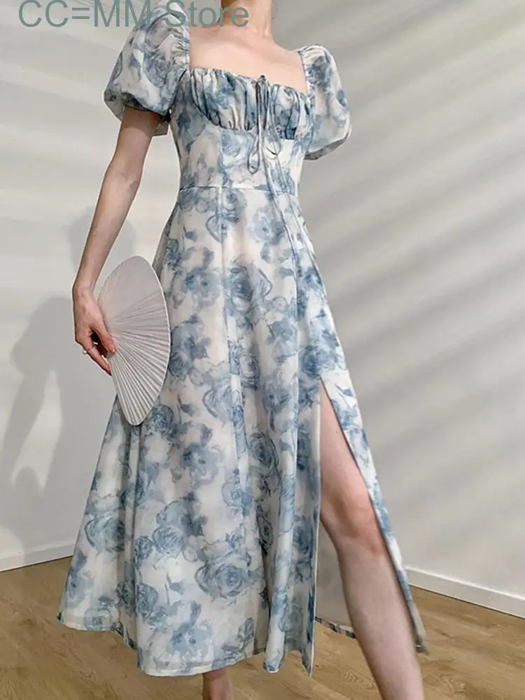 

New Floral Dress for Women Elegant Puff Sleeve Square Collar Lace-up Summer Dress Fairycore Slim Split Midi Dress