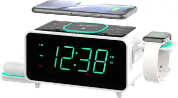 Smartset Dual Alarm Clock FM Radio with Wireless Charging, Bluetooth Speaker, Ultra Fast Charging for Airpods/iPhone, Foldable S