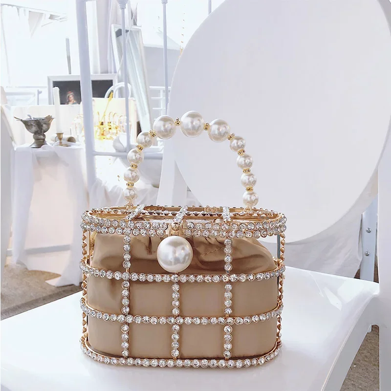 Women's Summer Small Batch High-class Hollow out Pearl Rhinestone Bucket Top-Handle Bag for Ladies