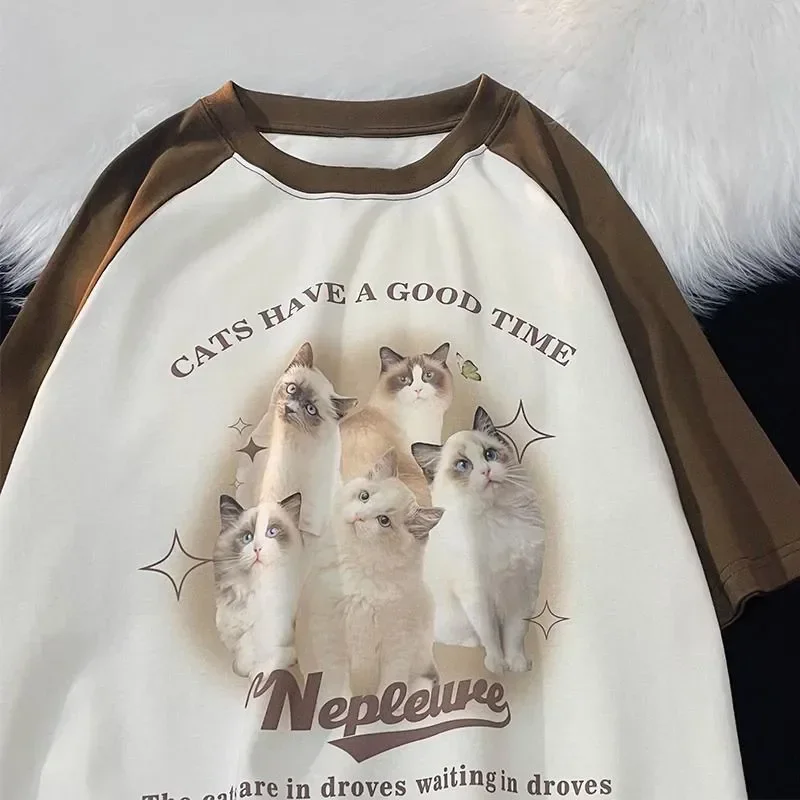 

Japanese pure cotton cute cat pattern T-shirt summer fashion loose female retro personality fresh literary kawaii short-sleeved