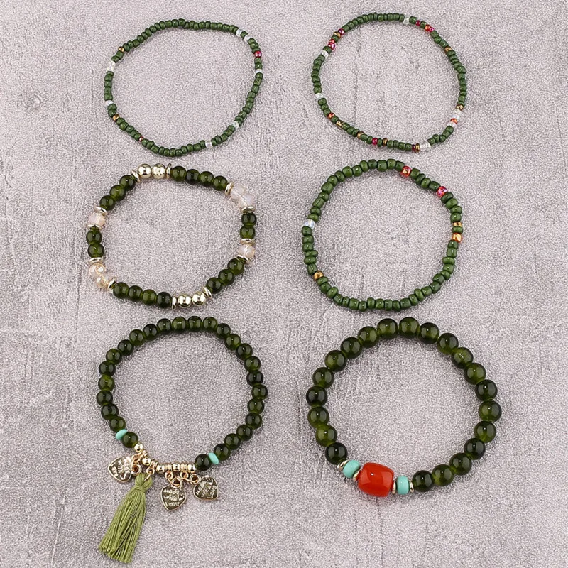 Boho 6 sztuk/zestaw bransoletki dla kobiet etniczne frędzle serce Charm bransoletki zielony ryż koraliki wielowarstwowe bransoletka zestaw biżuterii