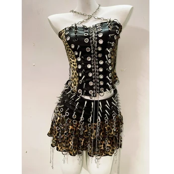 Leopard Print Patchwork Corset Top and Skirt Set 1