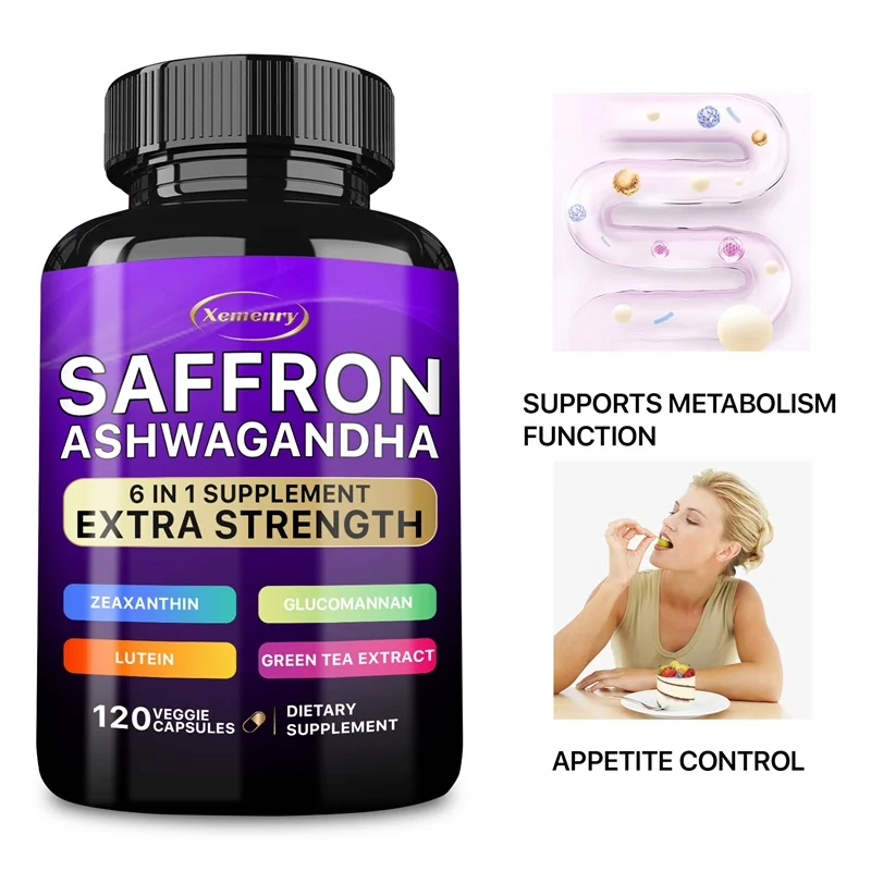 Saffron Ashwagandha, 6-in-1 Extra Strength Supplement-Improve Mood & Vision, Relieve Stress, Boost Metabolism, Increase Energy