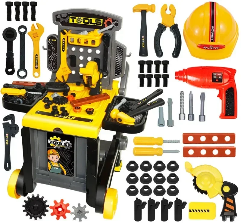 어린이 도구 상자 시뮬레이션 스크루 드라이버 전기 드릴 헬멧 도구 키트, 어린이 놀이 집 대화형 장난감,  선물, 3 in 1