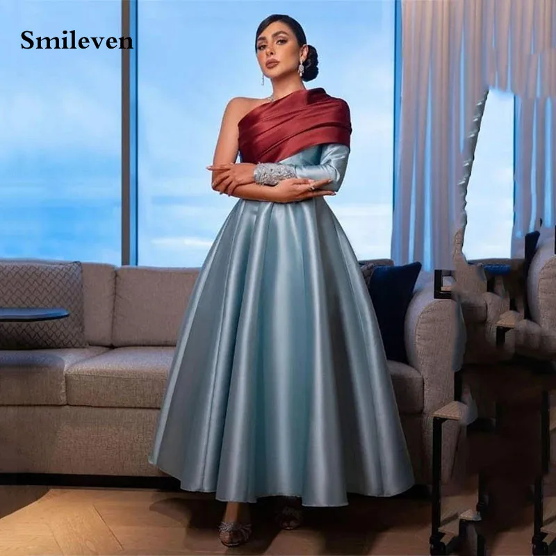 

Smileven Blue Evening Dresses A Line One Shoulder Prom Dress Ankle Length Evening Party Gowns 2023