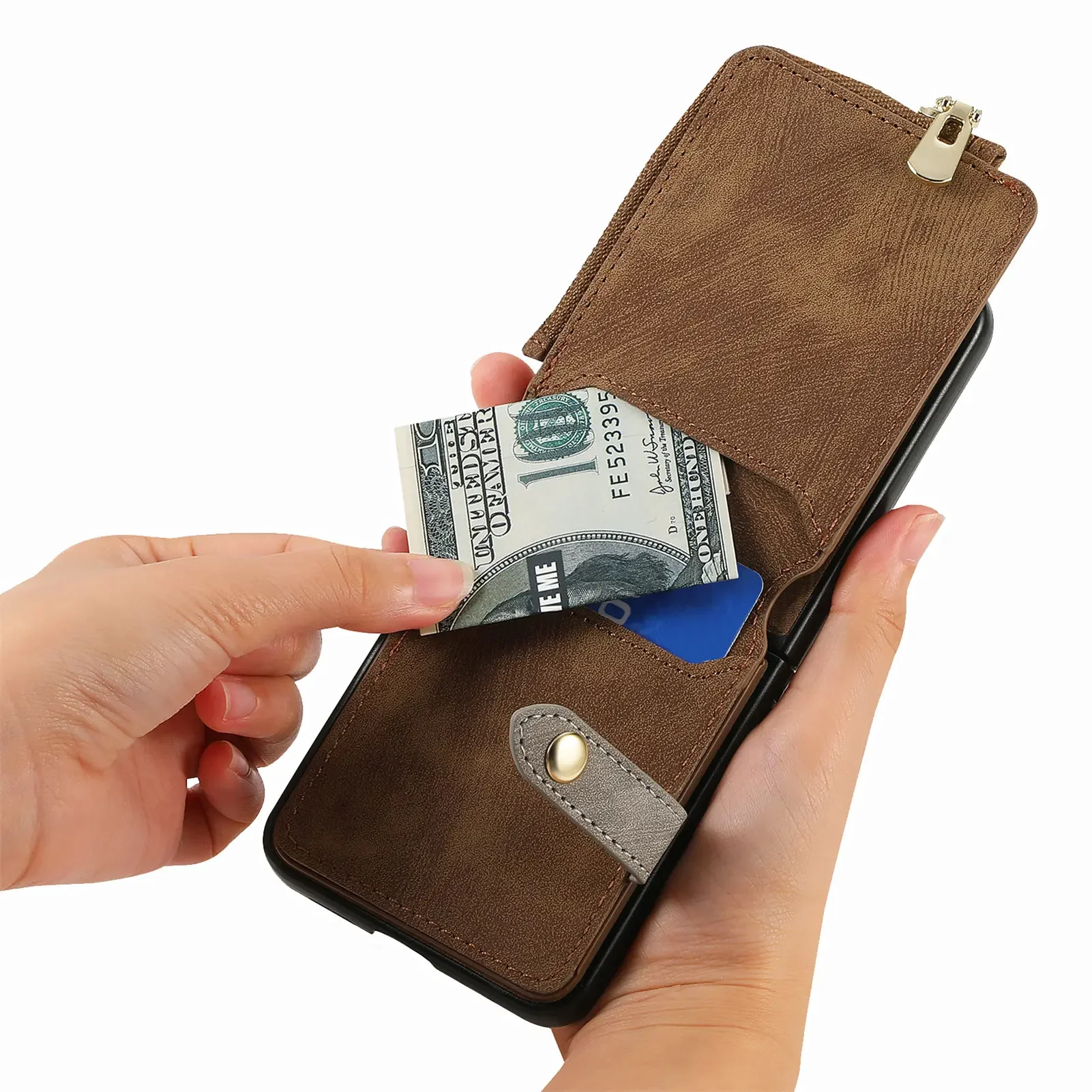 Zipper Cards Solt Purse Ring Holder Vintage Leather Wallet Case for Samsung Galaxy Z Flip 5