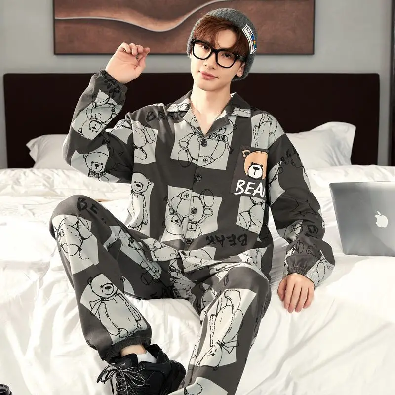 Men Spring Autumn Pajamas 2024 New Long-Sleeved Cardigan Pure Cotton Cartoon Youth Nightclothes Suit Casual Large Size Homewear