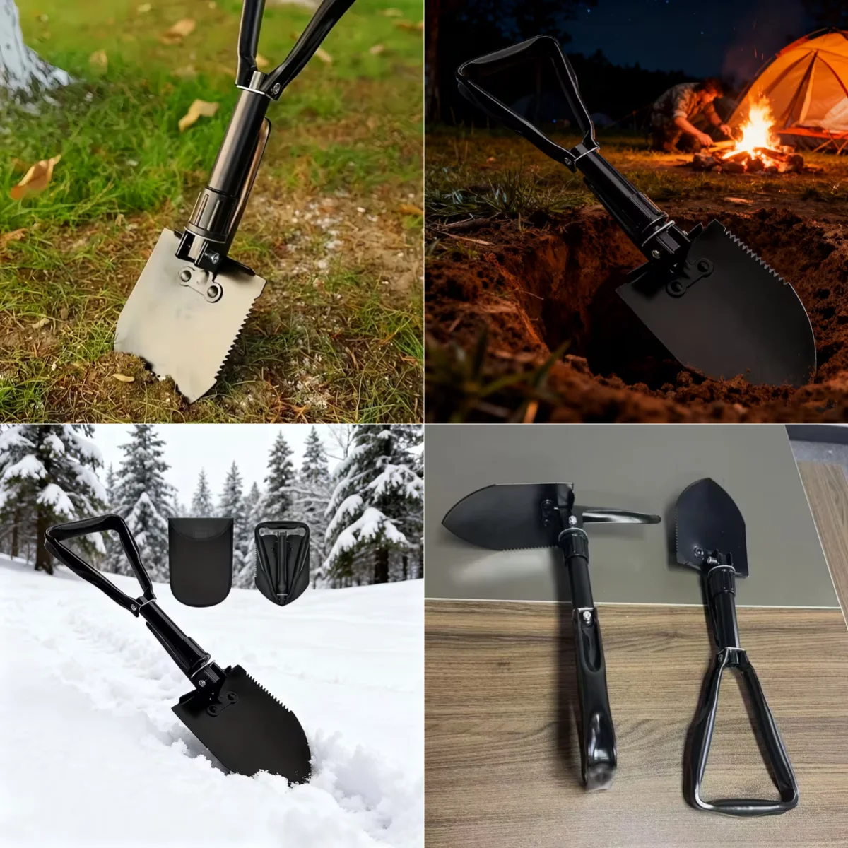 Klappbarer Spaten/Löffel/Spitzhacke/Säge in einem Multifunktionswerkzeug mit Aufbewahrungstasche für Gartenarbeit, Camping, Schnee und Outdoor-Aktivitäten_voghion.com
