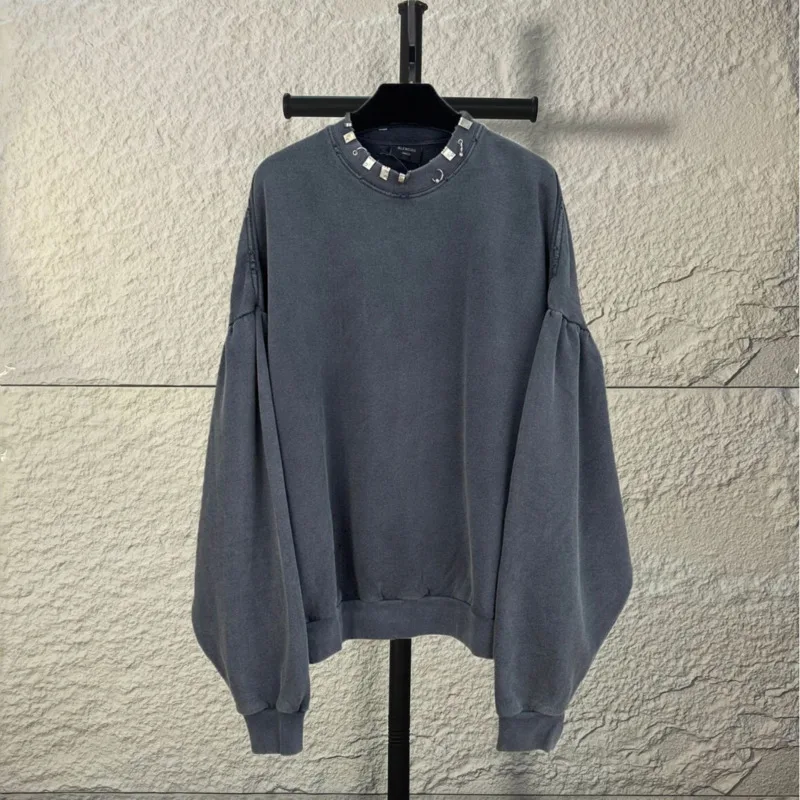 

Paris High Quality Heavy Industry Washed Hoodies Vintage High Street Hole Metal Ring Buckle Round Neck Top Trendy Brand Hot Sale