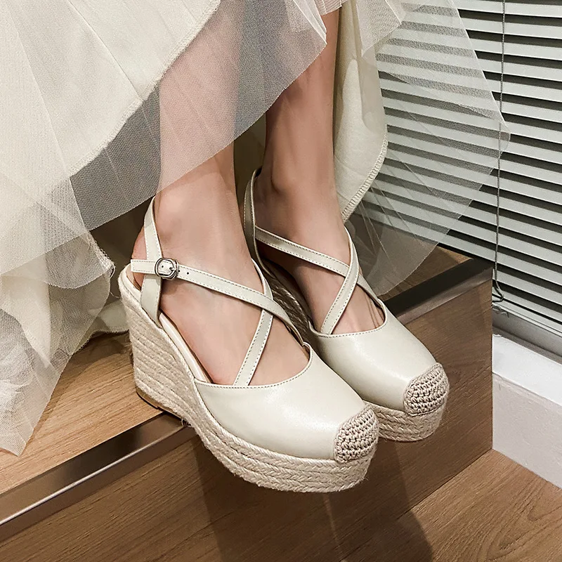

Wedges High Heels Gladiator Sandals Women Cover Toe Platform Sandalias Mesh Fisherman Shoes Ladies Pumps Plus Size 36-46 Cross