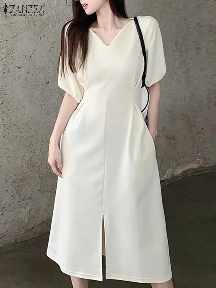 

ZANZEA Women Solid Midi Dress Casual Loose Split Hem Vestido 2023 Summer Elegant V-Neck Dresses Fashion Holiday Puff Sleeve Robe