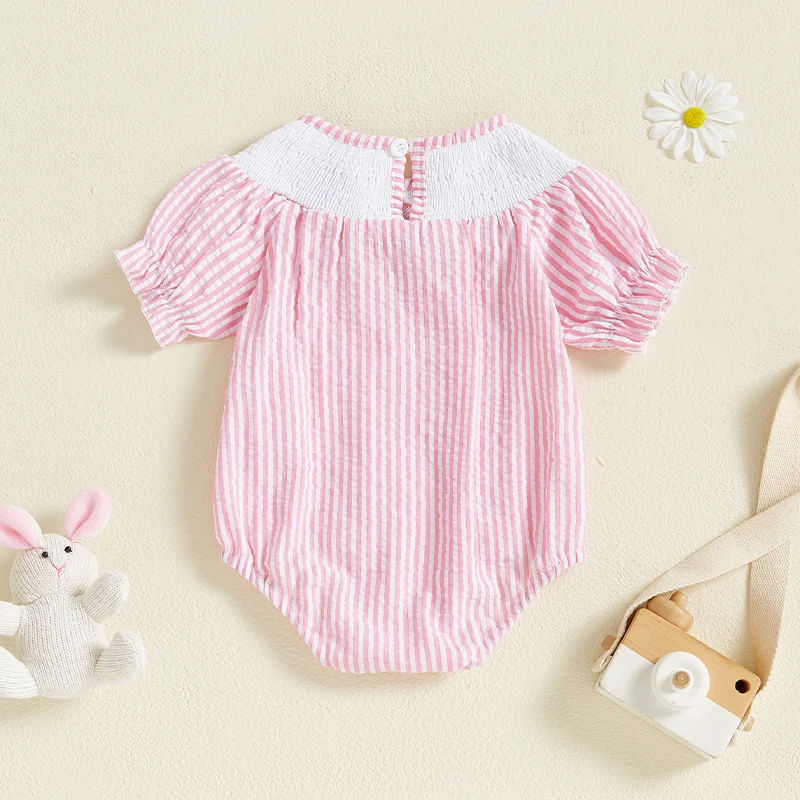 Listenwind Baby Girl Easter Romper Short Puff Sleeve Stripes Print Smocked Bodysuit Sisters Matching Romper Dress Outfit 3