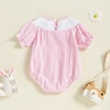 Listenwind Baby Girl Easter Romper Short Puff Sleeve Stripes Print Smocked Bodysuit Sisters Matching Romper Dress Outfit 3
